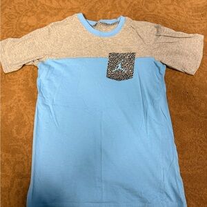 Gray and Blue T-Shirt with Patterned Pocket